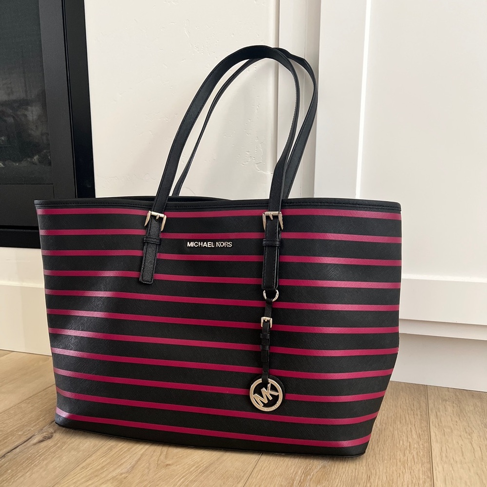 Michael Kors Black and Pink Striped Tote Bag